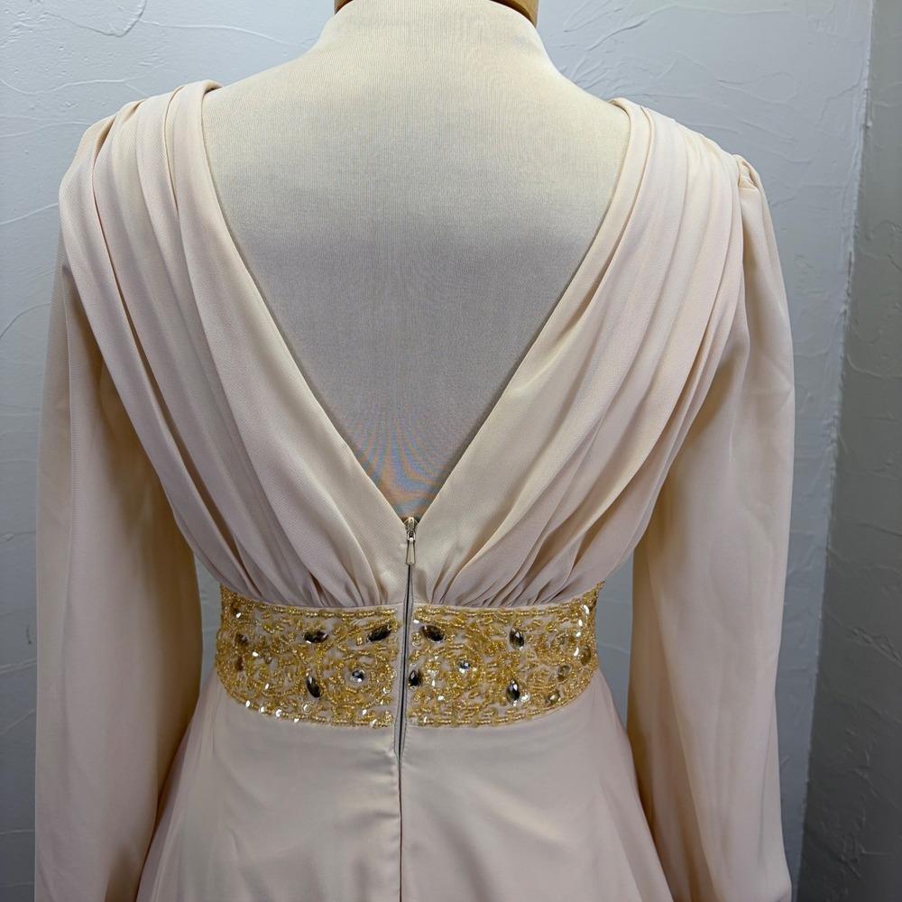 Elegant Formal Gown Beaded Empire Waist Long Sleeve Slit S Regency 70's - Picture 3 of 10